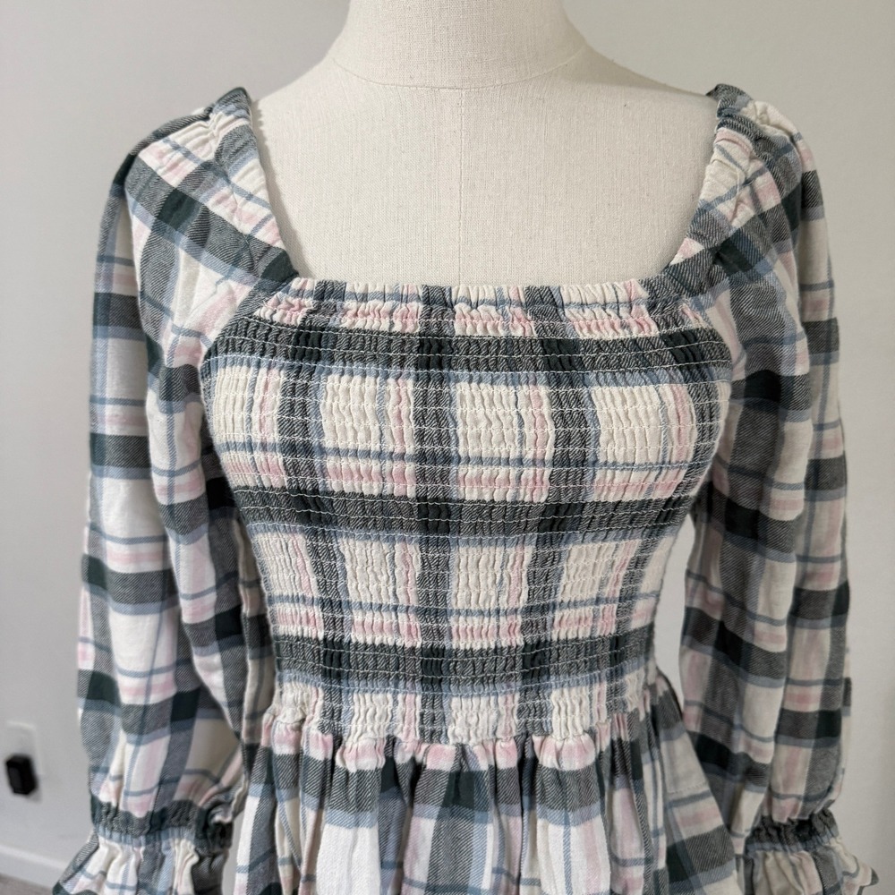 Madewell Lucie Plaid Smocked Shirred Square Neck Midi Dress Small Cottage Prarie - Picture 2 of 10